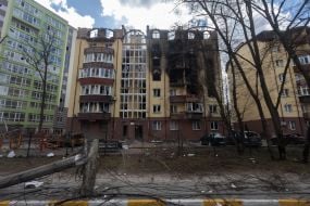 A residential building was destroyed as a result of shelling and explosions in Bucha