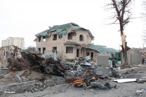 A residential building was destroyed as a result of shelling and explosions in Bucha