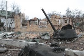 A residential building was destroyed as a result of shelling and explosions in Bucha