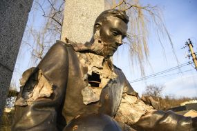 Monument to soldiers killed in World War II damaged in Gostomel as a result of explosions and shelling by occupiers