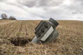 An unexploded shell on a field in Gostomel