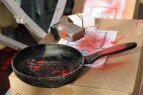 Frying pan filled with red paint near the building of the Russian consulate in Lviv