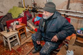 A local resident in a bomb shelter in Chuguev