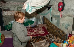 A local resident in a shelter in Kharkiv
