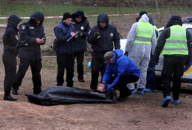 Exhumation of bodies from the mass grave in Bucha