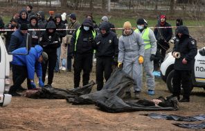 Exhumation of bodies from the mass grave in Bucha