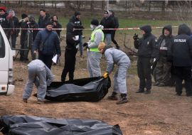 Exhumation of bodies from the mass grave in Bucha