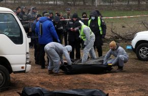 Exhumation of bodies from the mass grave in Bucha