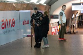 People who are hiding from the bombing at the metro station "Constitution Square" in Kharkov