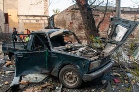 Burned car after the Russian rocket R-500 "Kalіbr" was fired near Kharkiv