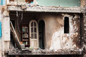 Remains of a room in a ruined apartment building in Borodyanka