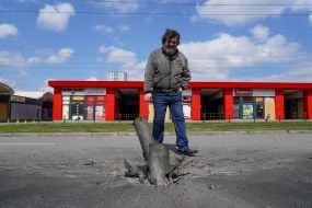 A shell stuck in the asphalt in Kharkiv