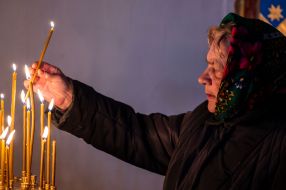 People are praying in St. Michael church in Zhytomyr, Ukraine.