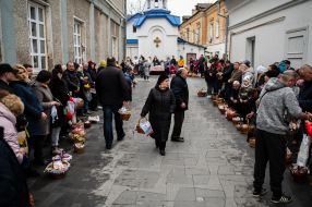 People gathered to have their Easter baskets blessed in central Zhytomyr