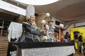 Actors of the Kharkiv Academic Puppet Theater play a play for children at one of the metro stations