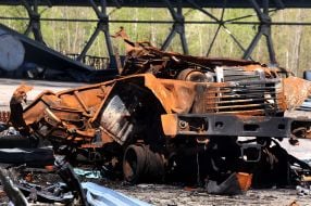 Russian military equipment turned into piles of scrap metal on the territory of the Gostomel airfield