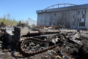 Russian military equipment turned into piles of scrap metal on the territory of the Gostomel airfield