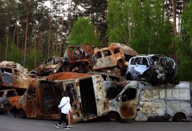 Cemetery of cars destroyed by the Russian occupiers in Irpen