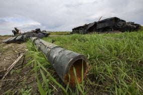 Remains of military equipment of the Russian occupiers on a field in the Chernihiv region