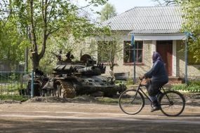 Remains of a tank of the Russian occupiers in the village of Sloboda