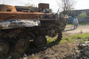 Remains of military equipment of the Russian occupiers in the village of Sloboda