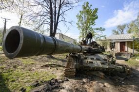 Remains of a tank of the Russian occupiers in the village of Sloboda
