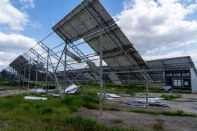 Solar power plant of Vilkhiv meat-packing plant after the shelling in the village of Olkhivka