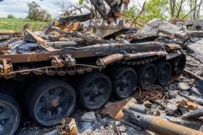 MLRS TOS-1 charging vehicle at the destroyed base of the Russian occupiers in the village of Biskvitne