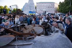 Destroyed Russian military equipment on Mikhailovskaya Square