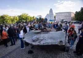 Destroyed Russian military equipment on Mikhailovskaya Square