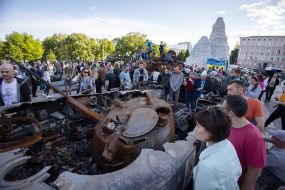 Destroyed Russian military equipment on Mikhailovskaya Square