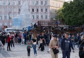 Destroyed Russian military equipment on Mikhailovskaya Square