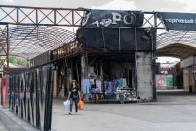 Partially destroyed market in Kharkiv