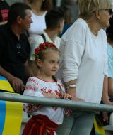 Girl in Ukrainian national costume on the podium