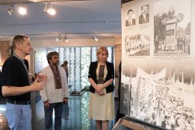 Svitlana Onyschuk inspects the exposition in the memorial complex "Demyaniv Laz"