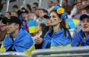 Fans of the Ukrainian national football team in the stands