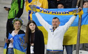 Fans of the Ukrainian national football team in the stands