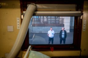 View of the platform from the window of the train at the railway station in Kiev