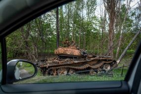 Lined up tank of the Russian occupiers on the side of the road in the Kiev region