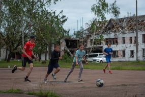 Children train on the territory of the destroyed specialized children's and youth sports school of the Olympic reserve