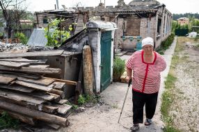 Building damaged by shelling in Moshchun village (Kyiv region)