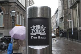 A crowd with a sign near the parliament building in The Hague