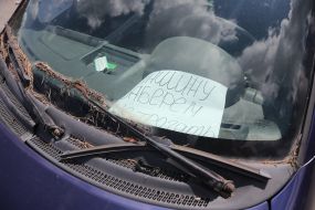 A car destroyed by the Russian occupiers in Irpen