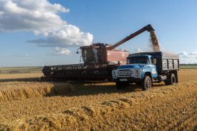 A combine harvester loads barley into a truck in a field in the Kharkiv region