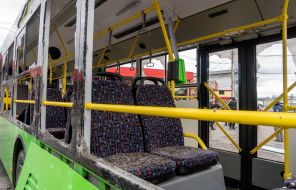 A trolleybus damaged by an explosion near the Barabashovo market in Kharkiv