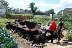 Cabbage around the destroyed tank of the Russian invaders in the vegetable garden in the village of Velyka Dymerka