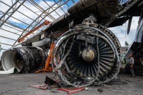 Destroyed by the Russian occupiers the world's largest aircraft AN-225 Dream in the hangar at the airport in Gostomel