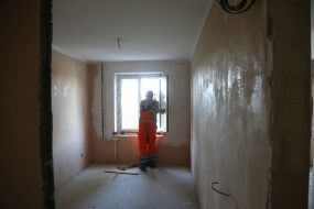 Restoration work on a building damaged by Russian missiles