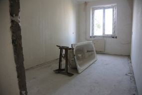 Restoration work on a building damaged by Russian missiles