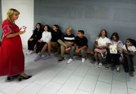 Teacher and students in a school bomb shelter in one of the schools in Bucha